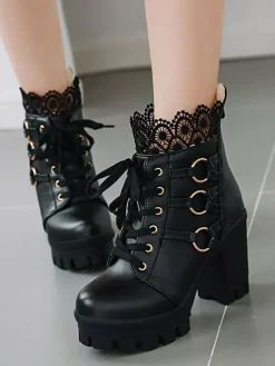 Sweet Lolita Boots Black Lace Round Toe Leather Chunky Heel Lolita Footwear
