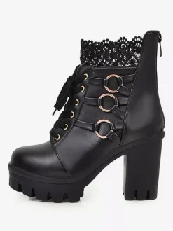 Sweet Lolita Boots Black Lace Round Toe Leather Chunky Heel Lolita Footwear