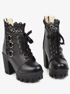 Sweet Lolita Boots Black Lace Round Toe Leather Chunky Heel Lolita Footwear