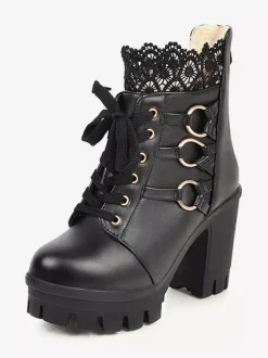 Sweet Lolita Boots Black Lace Round Toe Leather Chunky Heel Lolita Footwear