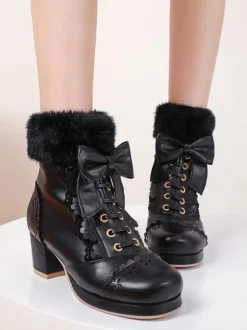 Sweet Lolita Boots Bows Faux Fur Hollow Out Chunky Heel Lolita Shoes