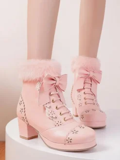 Sweet Lolita Boots Bows Faux Fur Hollow Out Chunky Heel Lolita Shoes
