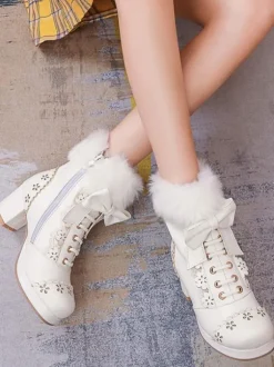 Sweet Lolita Boots Bows Faux Fur Hollow Out Chunky Heel Lolita Shoes