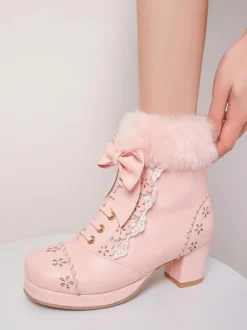 Sweet Lolita Boots Bows Faux Fur Hollow Out Chunky Heel Lolita Shoes