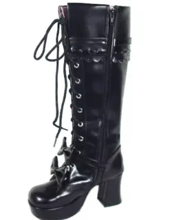 Sweet Lolita Boots Chunky Heels Platform Bows Lace Up Lolita Boots