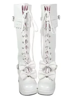 Sweet Lolita Boots Chunky Heels Platform Bows Lace Up Lolita Boots