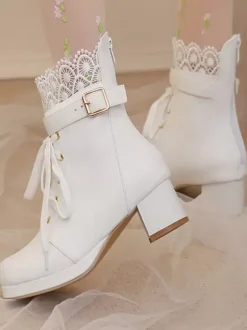 Sweet Lolita Boots Pink Round Toe PU Leather Lolita Footwear