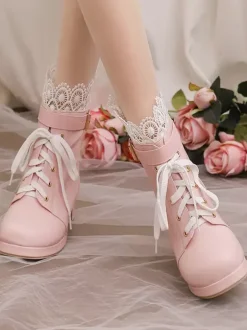 Sweet Lolita Boots Pink Round Toe PU Leather Lolita Footwear
