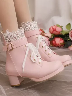 Sweet Lolita Boots Pink Round Toe PU Leather Lolita Footwear
