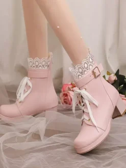 Sweet Lolita Boots Pink Round Toe PU Leather Lolita Footwear