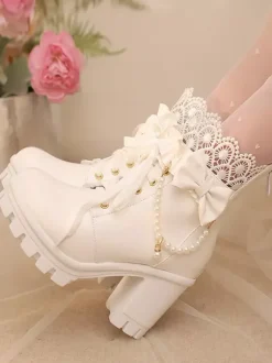 Sweet Lolita Boots PU Leather Lace Bows Round Toe Black Lolita Shoes