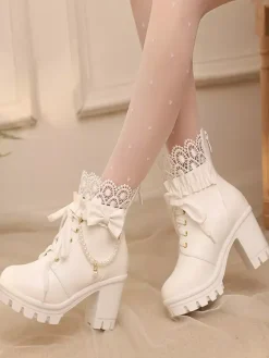 Sweet Lolita Boots PU Leather Lace Bows Round Toe Black Lolita Shoes