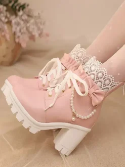 Sweet Lolita Boots PU Leather Lace Bows Round Toe Black Lolita Shoes