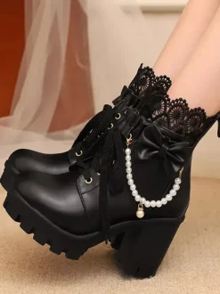 Sweet Lolita Boots PU Leather Lace Bows Round Toe Black Lolita Shoes