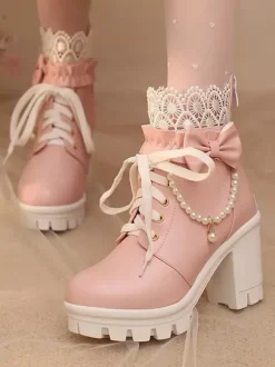 Sweet Lolita Boots PU Leather Lace Bows Round Toe Black Lolita Shoes