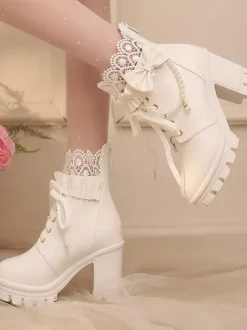 Sweet Lolita Boots PU Leather Lace Bows Round Toe Black Lolita Shoes