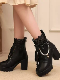 Sweet Lolita Boots PU Leather Lace Bows Round Toe Black Lolita Shoes