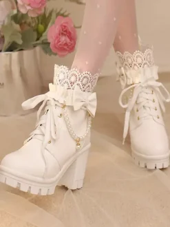 Sweet Lolita Boots PU Leather Lace Bows Round Toe Black Lolita Shoes