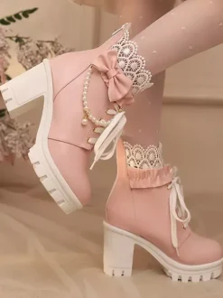 Sweet Lolita Boots PU Leather Lace Bows Round Toe Black Lolita Shoes