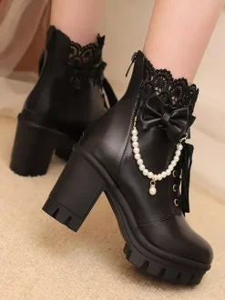 Sweet Lolita Boots PU Leather Lace Bows Round Toe Black Lolita Shoes