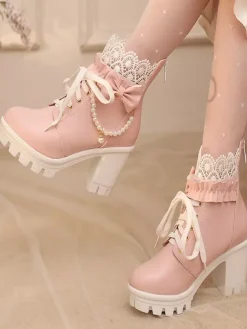 Sweet Lolita Boots PU Leather Lace Bows Round Toe Black Lolita Shoes