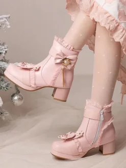 Sweet Lolita Boots PU Leather Ruffles Bows Round Toe Black Lolita Footwear