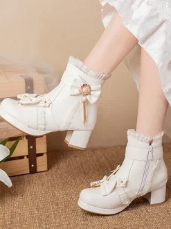 Sweet Lolita Boots PU Leather Ruffles Bows Round Toe Black Lolita Footwear