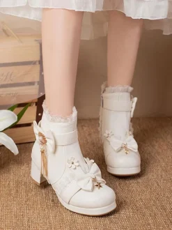 Sweet Lolita Boots PU Leather Ruffles Bows Round Toe Black Lolita Footwear
