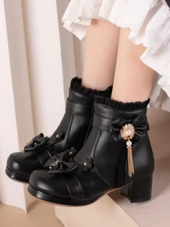 Sweet Lolita Boots PU Leather Ruffles Bows Round Toe Black Lolita Footwear