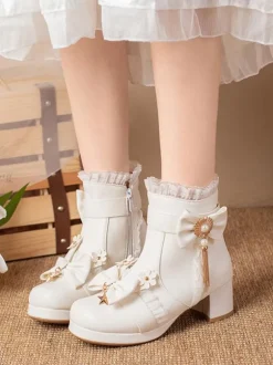 Sweet Lolita Boots PU Leather Ruffles Bows Round Toe Black Lolita Footwear