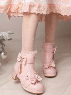 Sweet Lolita Boots PU Leather Ruffles Bows Round Toe Black Lolita Footwear