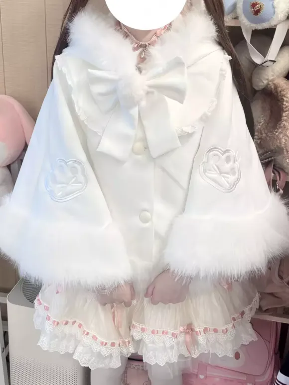 Sweet Lolita Cape Plush Lined Christmas Hooded Cloak With Embroidery
