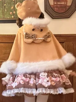 Sweet Lolita Cape Plush Lined Christmas Hooded Cloak With Embroidery