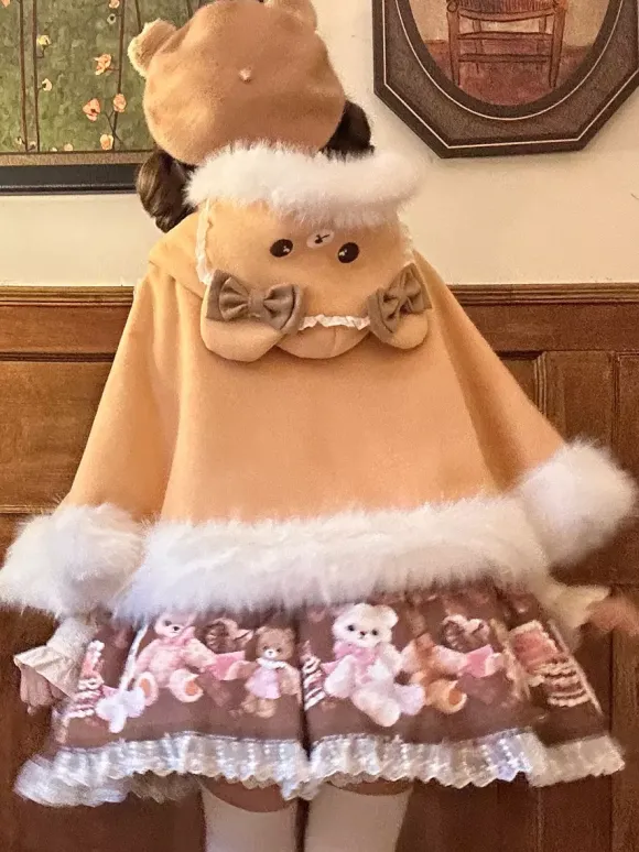Sweet Lolita Cape Plush Lined Christmas Hooded Cloak With Embroidery