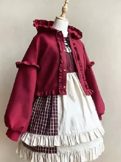 Sweet Lolita Coats Burgundy Ruffles Polyester Overcoat Coat Winter Lolita Outwears