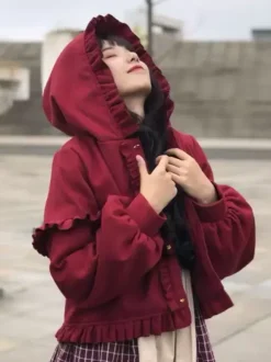 Sweet Lolita Coats Burgundy Ruffles Polyester Overcoat Coat Winter Lolita Outwears