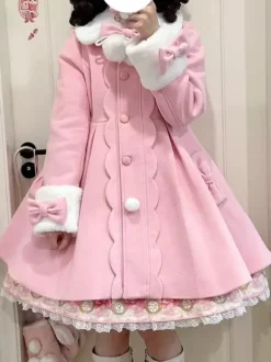 Sweet Lolita Coats Pink Bows Pom Poms Polyester Overcoat Coat Winter Lolita Outwears