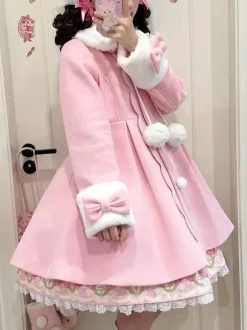 Sweet Lolita Coats Pink Bows Pom Poms Polyester Overcoat Coat Winter Lolita Outwears