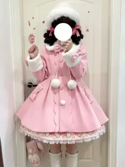 Sweet Lolita Coats Pink Bows Pom Poms Polyester Overcoat Coat Winter Lolita Outwears