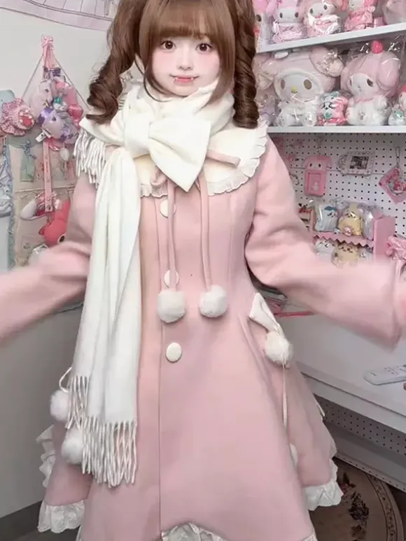 Sweet Lolita Coats Pink Pom Poms Overcoat Winter Lolita Coat With Scarf