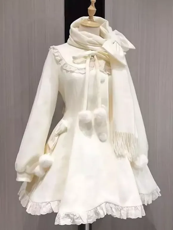 Sweet Lolita Coats Pink Pom Poms Overcoat Winter Lolita Coat With Scarf