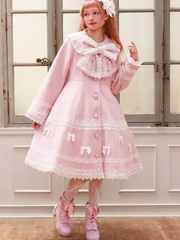Sweet Lolita Coats Soft Pink Purple Bows Lace Long Sleeve Overcoat Winter Lolita Coat