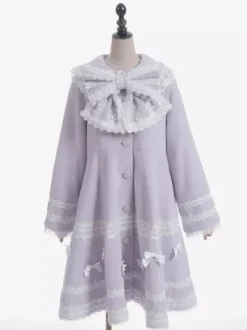 Sweet Lolita Coats Soft Pink Purple Bows Lace Long Sleeve Overcoat Winter Lolita Coat