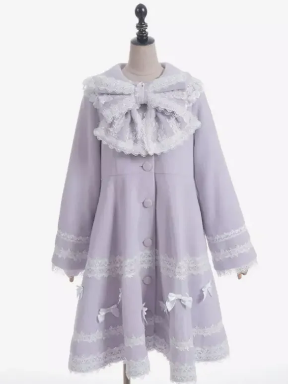 Sweet Lolita Coats Soft Pink Purple Bows Lace Long Sleeve Overcoat Winter Lolita Coat