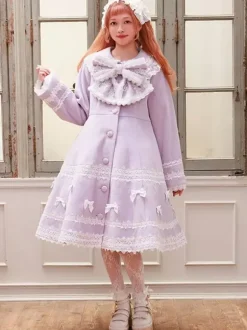 Sweet Lolita Coats Soft Pink Purple Bows Lace Long Sleeve Overcoat Winter Lolita Coat