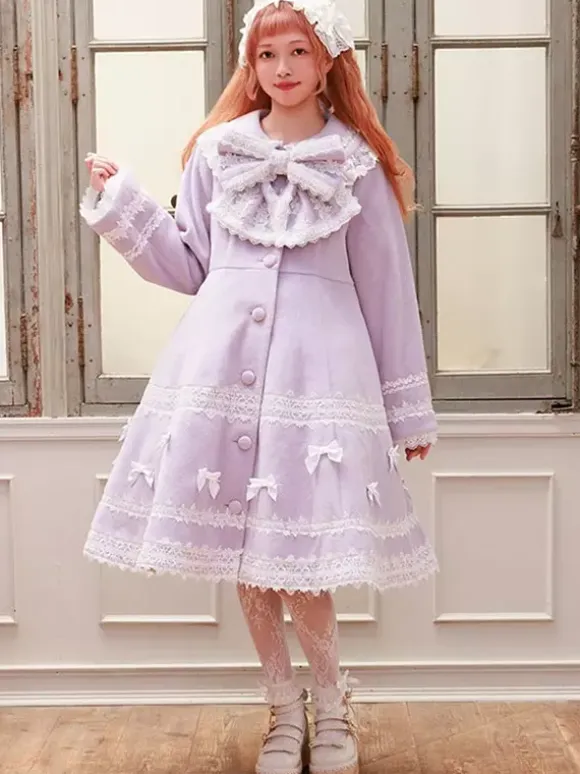 Sweet Lolita Coats Soft Pink Purple Bows Lace Long Sleeve Overcoat Winter Lolita Coat
