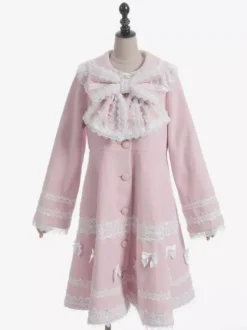 Sweet Lolita Coats Soft Pink Purple Bows Lace Long Sleeve Overcoat Winter Lolita Coat