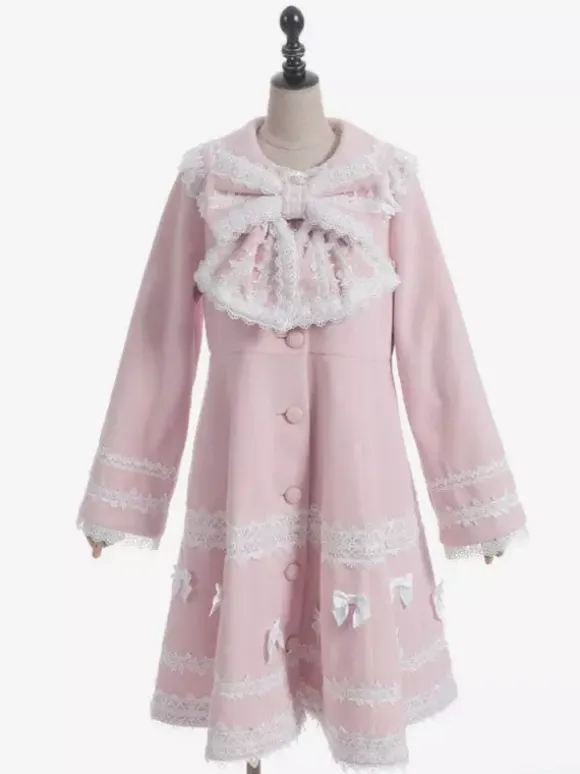 Sweet Lolita Coats Soft Pink Purple Bows Lace Long Sleeve Overcoat Winter Lolita Coat
