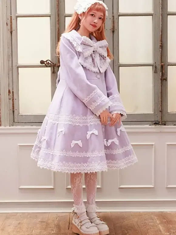 Sweet Lolita Coats Soft Pink Purple Bows Lace Long Sleeve Overcoat Winter Lolita Coat