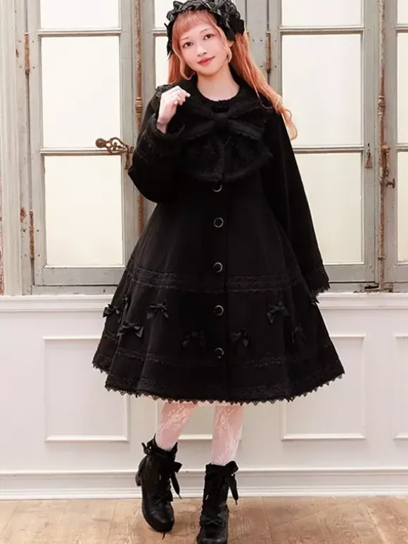 Sweet Lolita Coats Soft Pink Purple Bows Lace Long Sleeve Overcoat Winter Lolita Coat